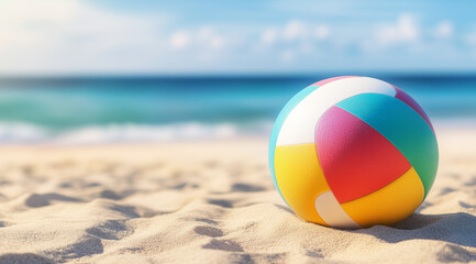 A vibrant beach ball sits on the warm sand, with gentle ocean waves rolling in and a clear sky overhead, capturing a perfect day at the beach