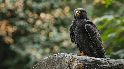 Naklejka premium A majestic Black Peregrine Falcon perched on a rocky cliff, its sharp eyes scanning the surroundings. This powerful bird of prey is known for its impressive speed and agility in flight, 