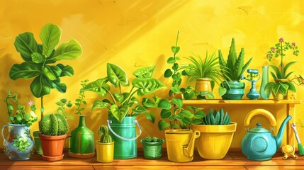 Colorful Indoor Plants on Shelf Against Yellow Background