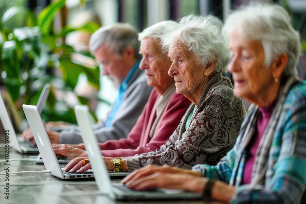 Poster a group of elderly individuals focused on learning computer skills during a class at a community cen