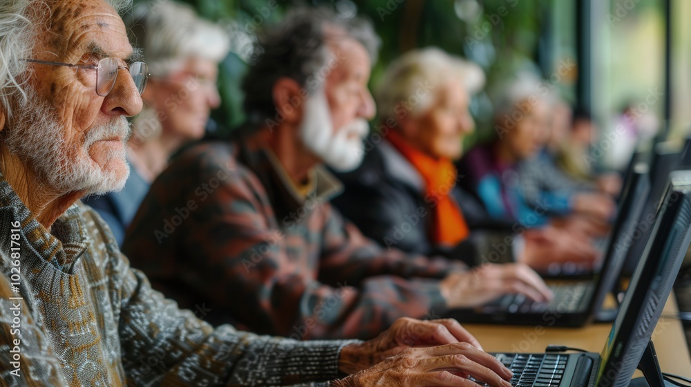 Poster a group of elderly participants is focused on mastering computer skills during a community course in