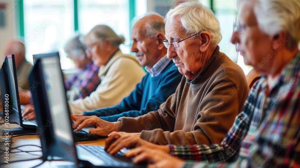 Poster a group of elderly individuals focuses on their laptops during a computer course aimed at improving 