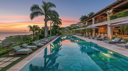 Fototapeta premium Serene Resort Pool with Sunset View