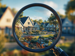 A beautiful suburban neighborhood viewed through a magnifying glass, showcasing charming houses and vibrant gardens in the warm sunlight. Real Estate concept