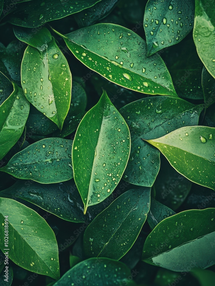 Poster lush green leaves adorned with shimmering water droplets create a refreshing display of nature's bea