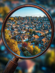Searching for Real Estate - Aerial view of a diverse suburban neighborhood framed by a magnifying glass, showcasing vibrant fall foliage and cozy homes.