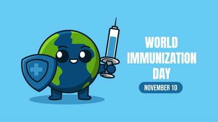 World Immunization Day. November 10. Earth cute character holding shield and syringe. Isolated on blue background. For poster, banner, design purpose. Vector illustration.