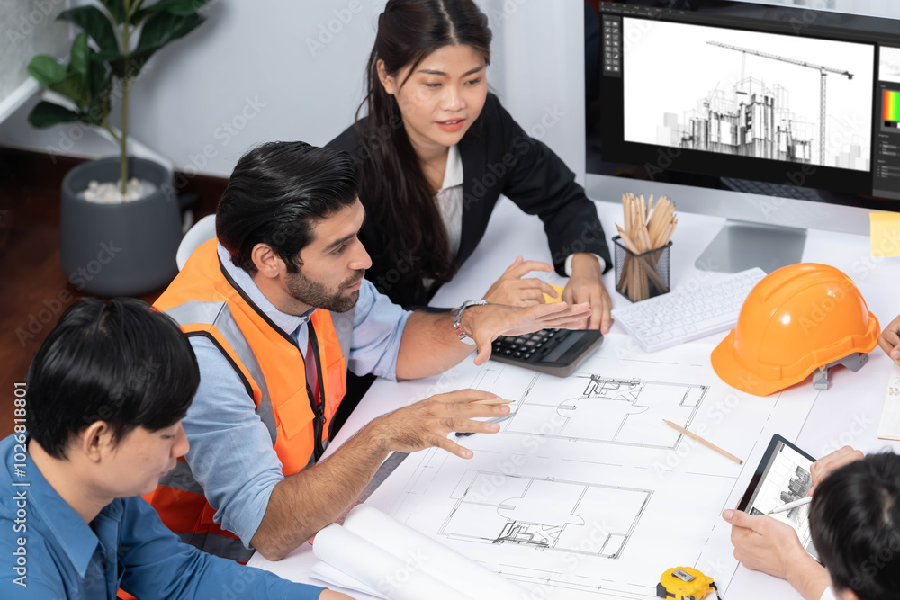 Poster diverse group of civil engineer and client working together on architectural project, reviewing cons