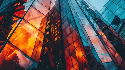 Fototapeta premium Modern Glass Building Facade with Geometric Patterns and Reflections