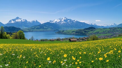 Visitors admire the breathtaking Swiss spring landscape filled with blooming flowers, serene lake views, and towering mountain peaks. Generative AI