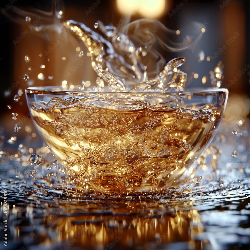 Poster a dynamic splash of golden liquid rises from a glass bowl, creating an artistic display of droplets 