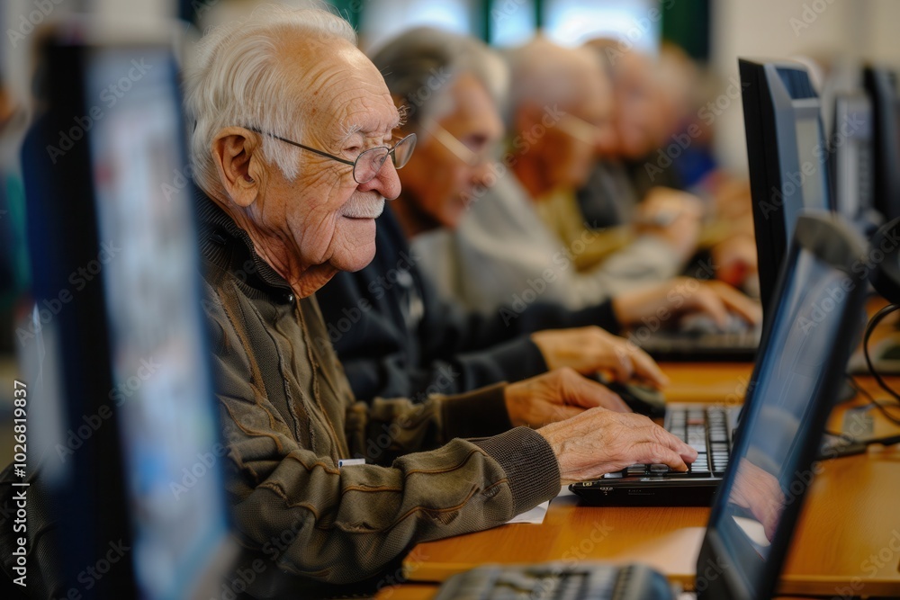 Aufkleber a group of seniors actively participate in computer courses, using laptops and desktops to enhance t