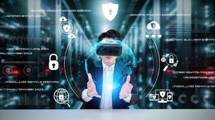 Businessman with goggles working while using security protection. Manager with formal suit checking and accessing at safety system by using augmented technology with data center background. Ingenuity.