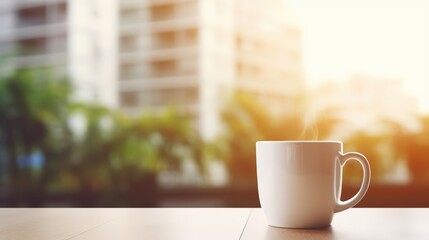 A coffee cup rests on a saucer on a window sill, positioned in front of a green leafy tree