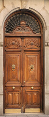 Close up view of a beautiful european wooden entrance door