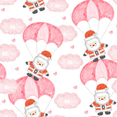 Cute santa with paraglider and hearts watercolor style pink seamless pattern background