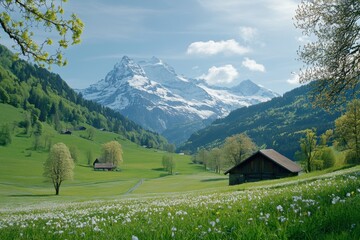Spring brings vibrant blooms and lush greenery in the Swiss countryside, with majestic mountains towering under a clear blue sky. Generative AI