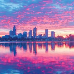 Obraz premium Stunning sunrise over a city skyline reflecting vibrant pink and purple hues in the calm waters below.