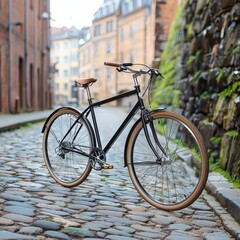 Fototapeta premium A stylish black bicycle with brown accents parked on a cobblestone street in a charming urban environment.