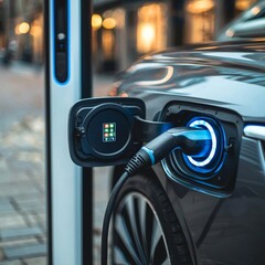 Close-up of a sleek electric car charging at a modern station, showcasing the future of eco-friendly transportation.