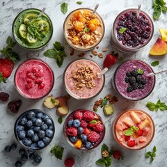 Colorful array of healthy smoothies with fruits and granola topped, showcasing a vibrant selection in glass jars.