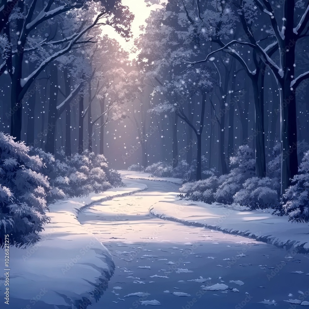 Poster a serene winter landscape featuring a winding path through a snowy forest, with soft light filtering