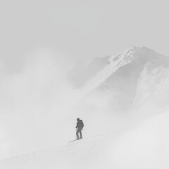 A lone male hiker trekking through a snow-covered landscape in a foggy atmosphere, exuding tranquility and determination.