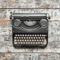 Vintage black typewriter on a rustic wooden surface, evoking nostalgia and creativity.