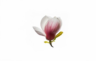 A single magnolia flower with pink and white petals blooms against a white background.