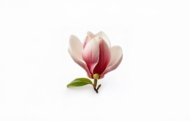 Obraz premium A single pink and white magnolia flower with a green leaf isolated on a white background.