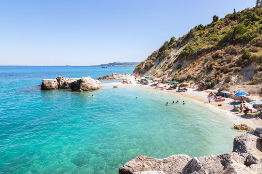 Sandy beach and mediterranean sea in summer, Zakynthos, Greek Islands, Greece