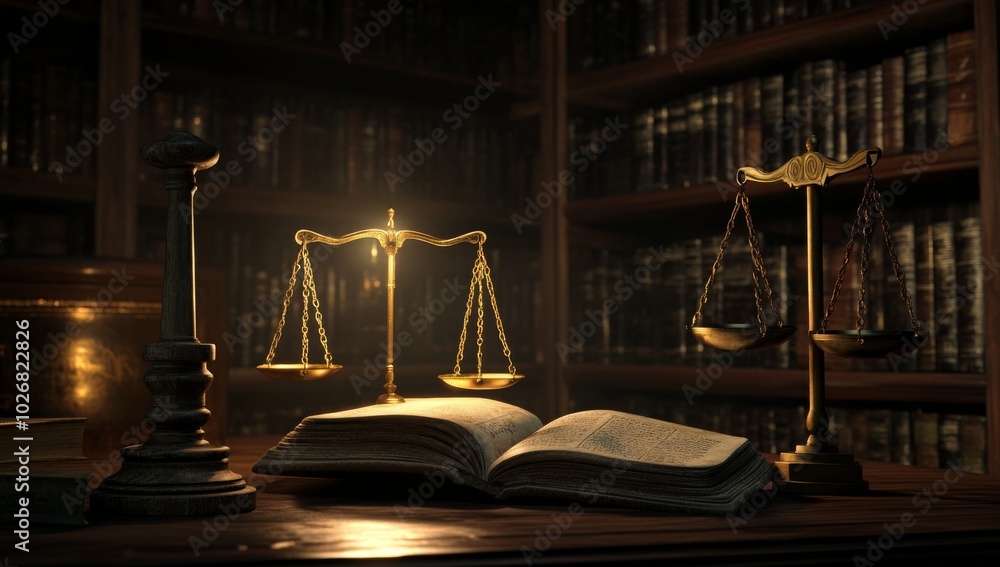Poster a golden scale of justice sits atop an open book with a wooden gavel and a smaller scale in the fore