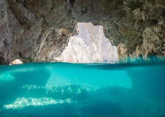 Split underwater image, blue cave in the island of  Zakynthos, Greek Islands, Greece