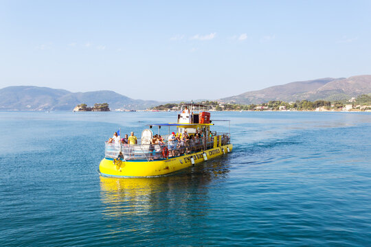 Boat with tourist spotting turtles, Zakynthos, Greece