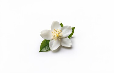 Fototapeta premium A single white blossom with green leaves is isolated on a white background.