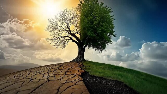 A single tree with lush green leaves on one side and dead branches on the other stands on a hill with cracked, dry earth on one side and lush grass on the other, against a bright sky with clouds.