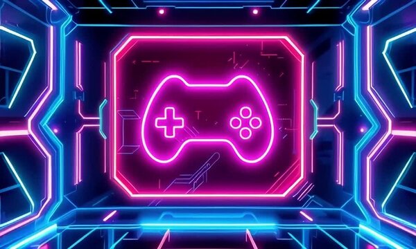 Neon Game Controller in a Futuristic Corridor