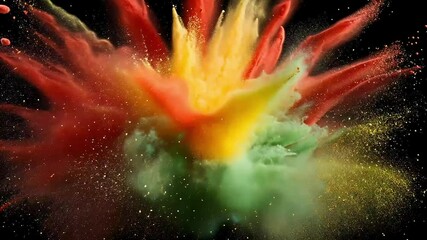 A vibrant explosion of red, yellow and green powder paint on a black background.