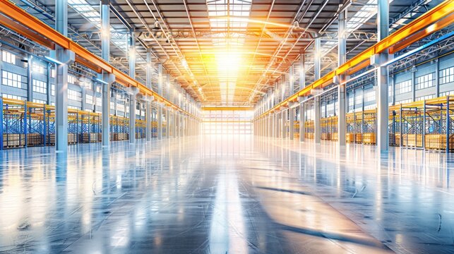 A Spacious Industrial Warehouse with Overhead Cranes and a Sunlit Interior