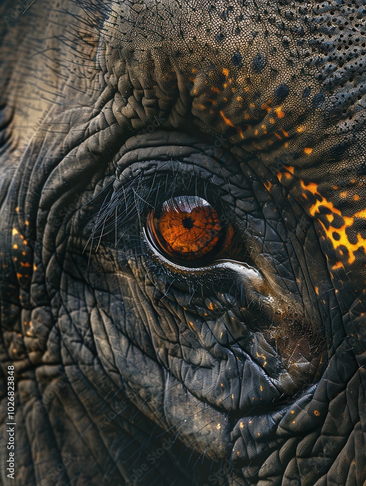Poster the close-up reveals the rich texture of an elephant's skin and the profound depth of its eye, refle