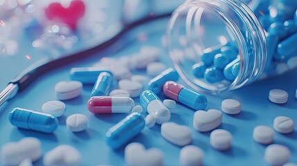 Antibiotic capsules scattered in a plastic bottle.