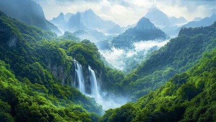 Fototapeta premium A cascading waterfall plunges down a steep cliff face, surrounded by lush green forest and mist-shrouded mountains in a scenic landscape.
