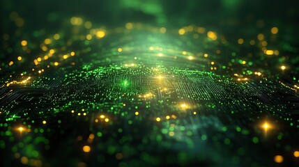 A 3D-rendered digital image featuring an abstract glowing green technology background.