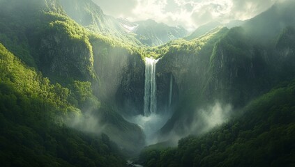 A majestic waterfall cascades down a mountainside, creating a mist that swirls through the lush green forest.
