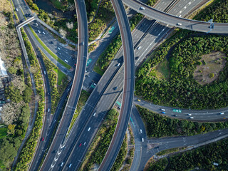 Aerial: Top down view of Waterview highway interchange, Auckland, New Zealand