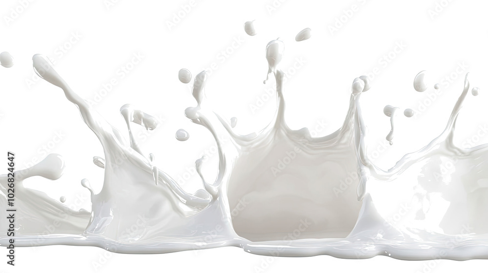 Poster dynamic splashes of milk creating art against a white backdrop generative ai