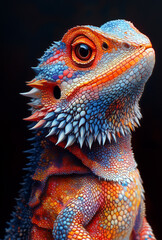Fototapeta premium A stunning close-up of a vibrant, colorful lizard showcasing intricate details of its scales against a dark background