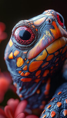 Captivating close-up of a vividly colored turtle resting among beautiful flowers in a serene garden setting