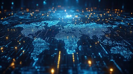 A blue-toned image illustrating global communication technology, highlighting telecommunication and financial networks.