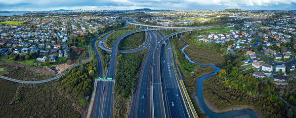 Aerial: Northwestern motorway and Waterview interchange, Auckland, New Zealand